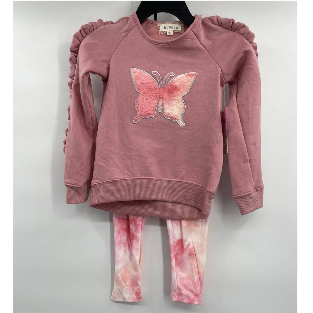 btween Girls Pink Butterfly Sweater Tie Dye Leggings Scrunchie 3 piece Sz 5 NEW